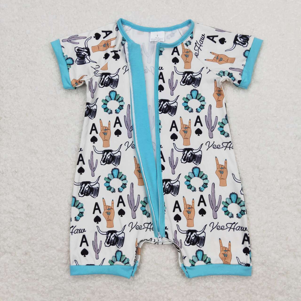 SR1200 Turquoise Cows Print Baby Summer Western Zipper Romper