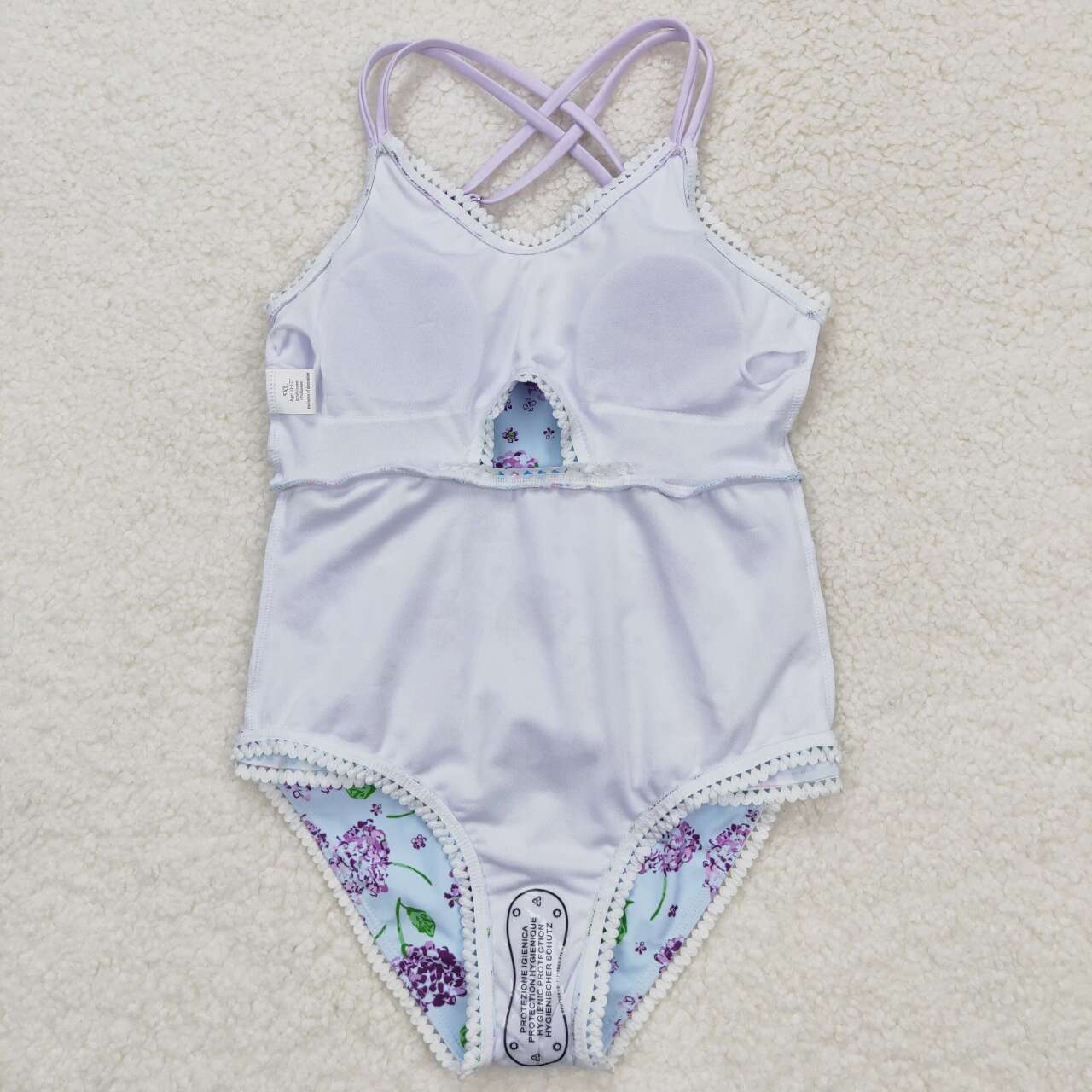 S0246 Girls Purple Flowers Print 1 Piece Swimsuits