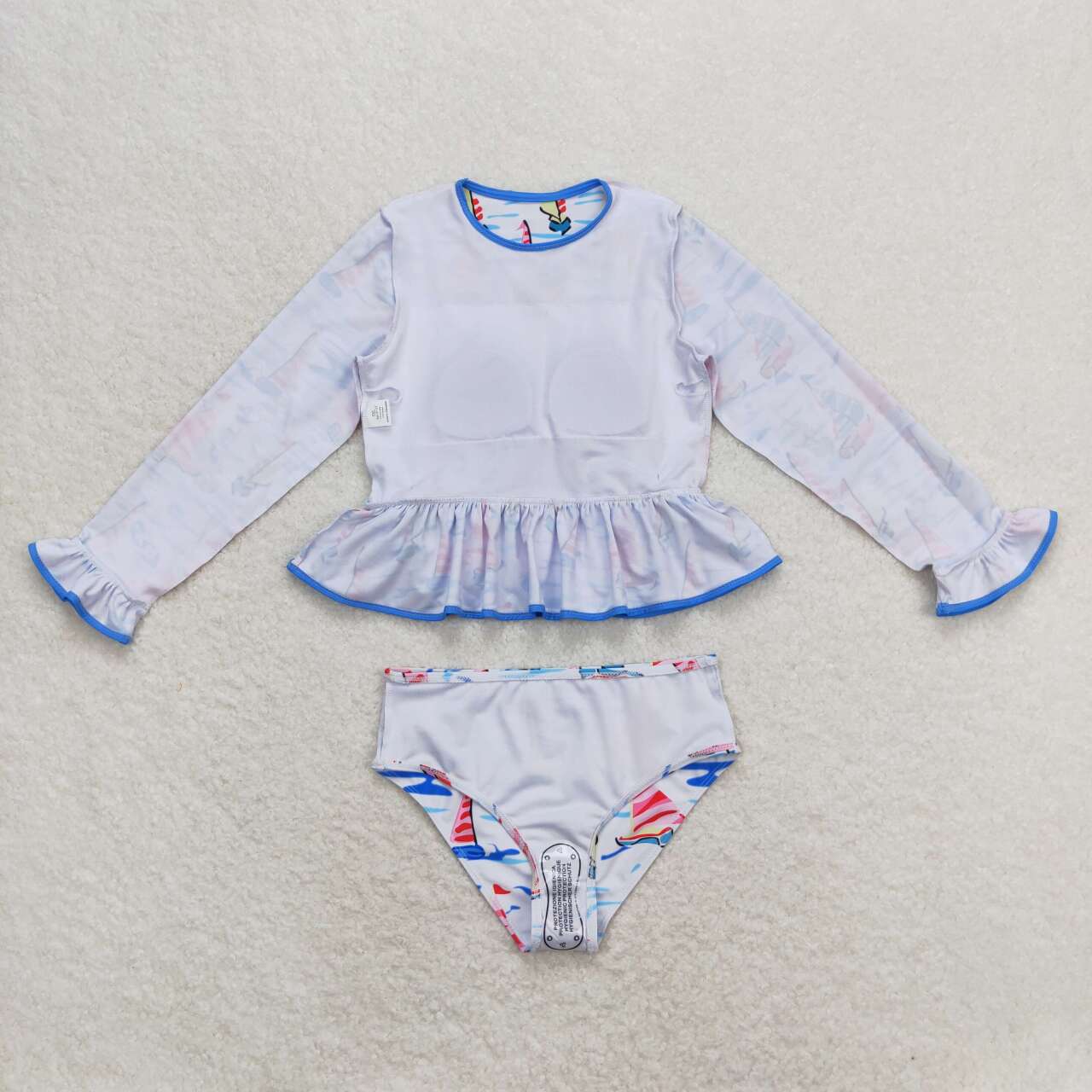 S0276 Sailboat Print Girls 2 Pieces Long Sleeve Swimsuits