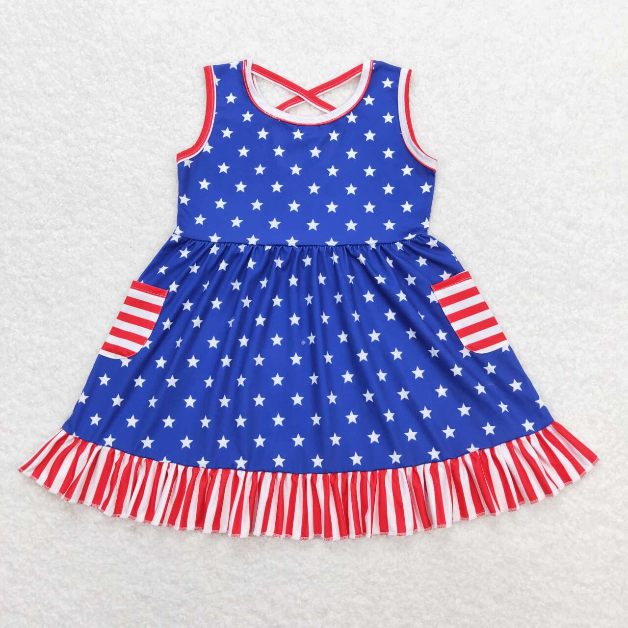 GSD0976 Stars Print Pockets Girls 4th of July Knee Length Dress