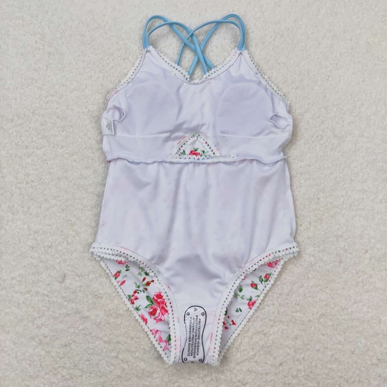 S0248 Girls Pink Blue Flowers Print 1 Piece Swimsuits