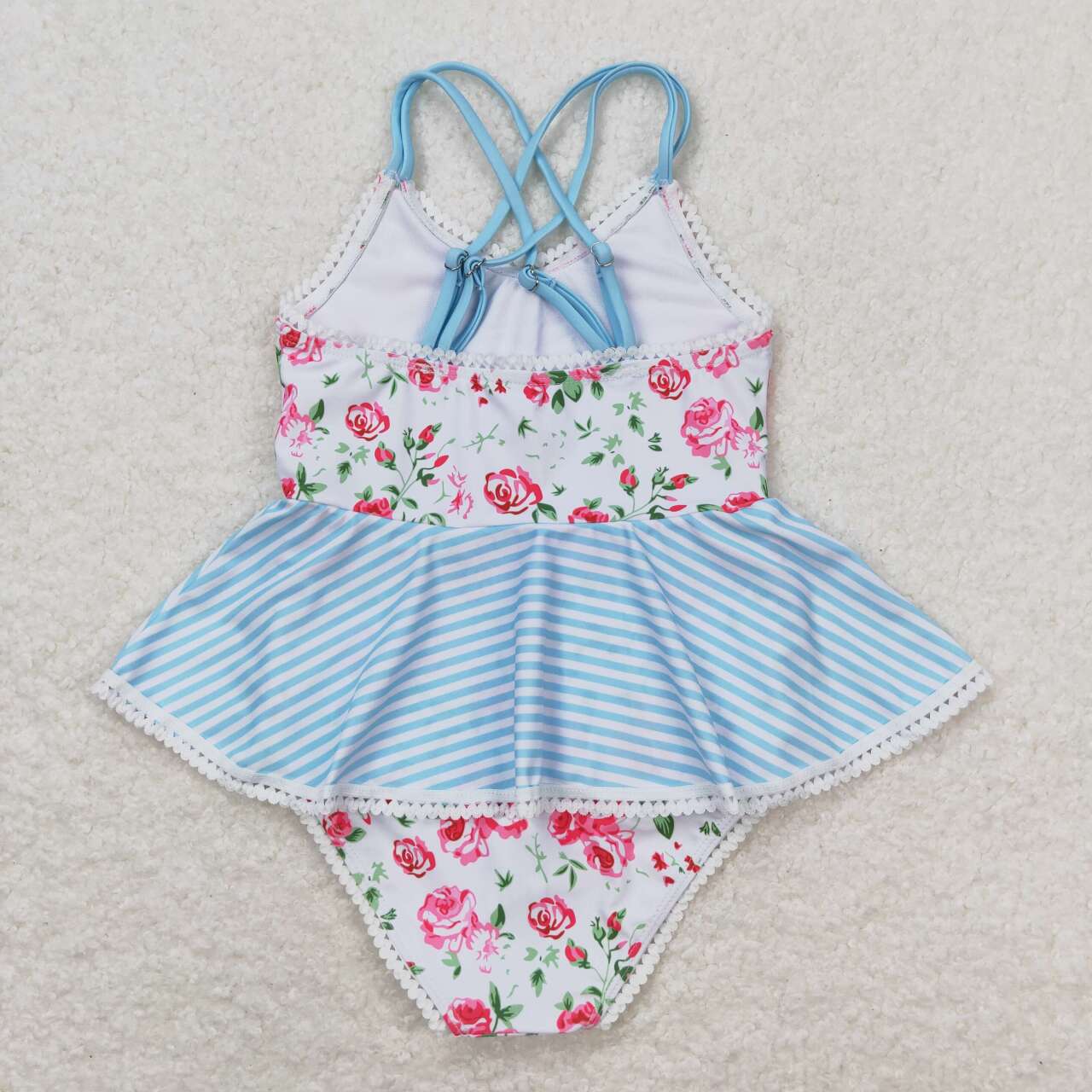 S0248 Girls Pink Blue Flowers Print 1 Piece Swimsuits