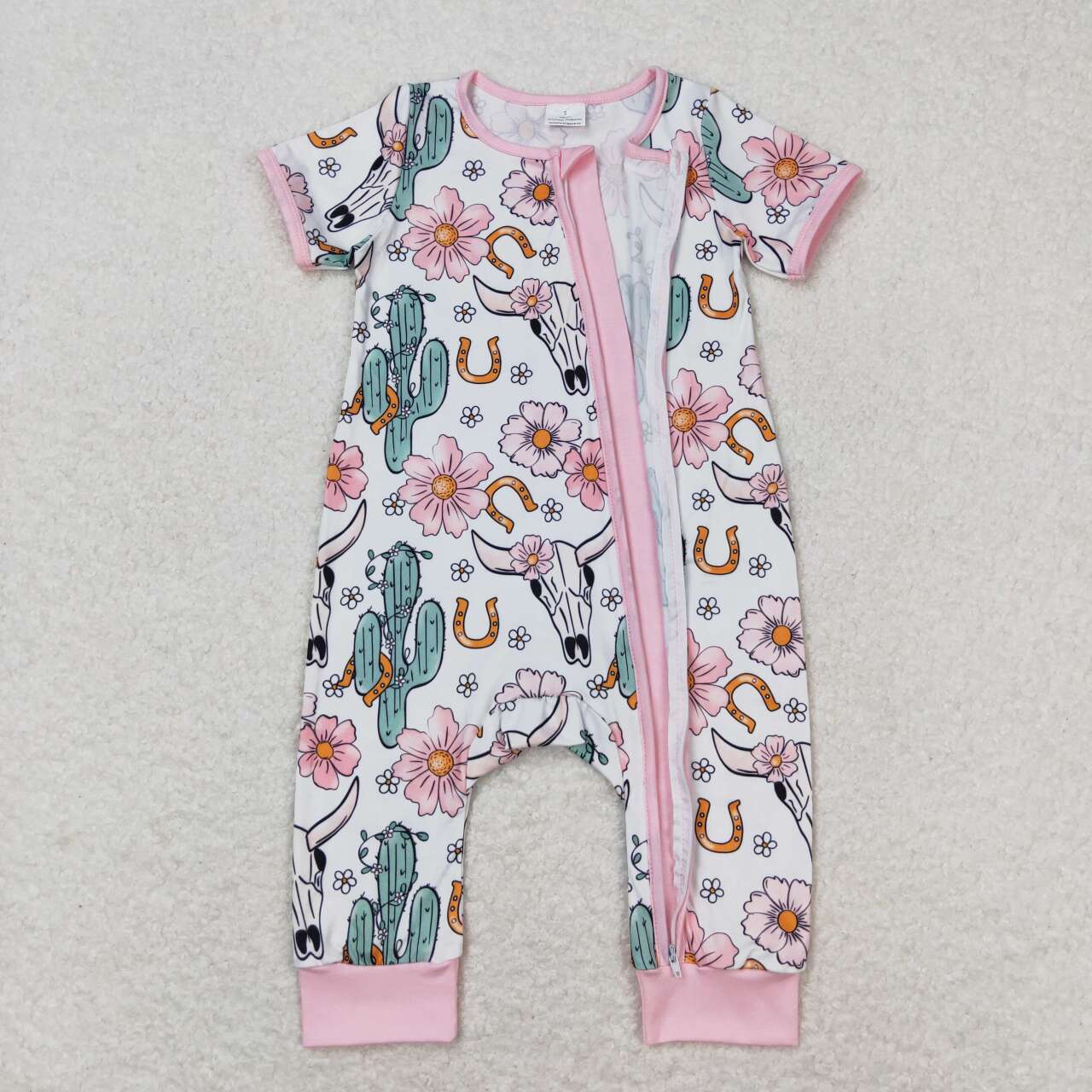 SR1109 Cow Skull Flowers Cactus Print Baby Girls Summer Zipper Western Romper