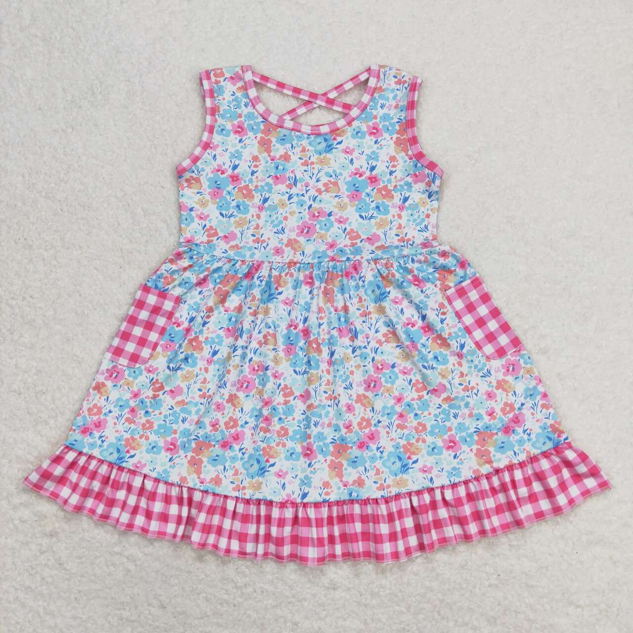 GSD0950 Pink Flowers Print Girls Summer Knee Length Dress