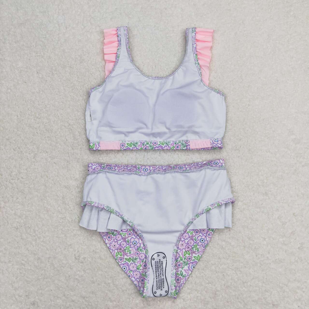 S0332 Pink Flowers Print Ruffles Girls 2 Pieces Swimsuits