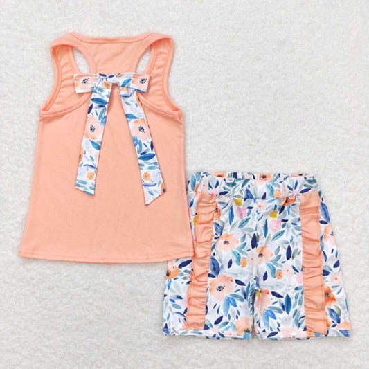 GSSO1061  Orange Vest Bows Top Flowers Shorts Girls Summer Clothes Set