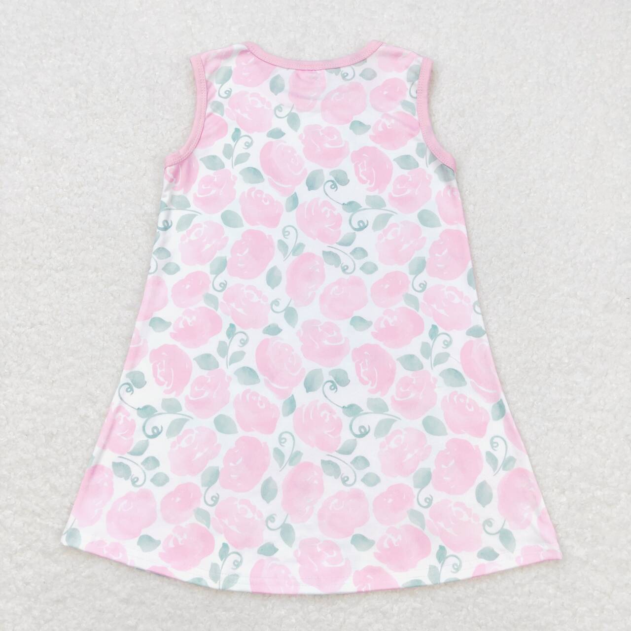 GSD1045 Pink Flowers Print Girls Knee Length Summer Dress