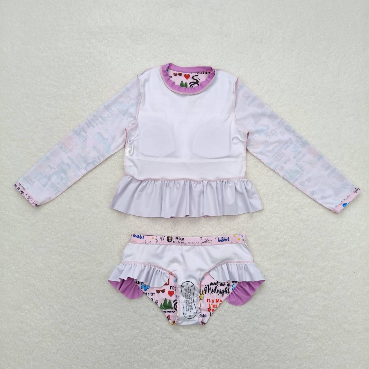 S0292 Singer Swiftie Purple Print Girls Long Sleeve 2 Pieces Swimsuits