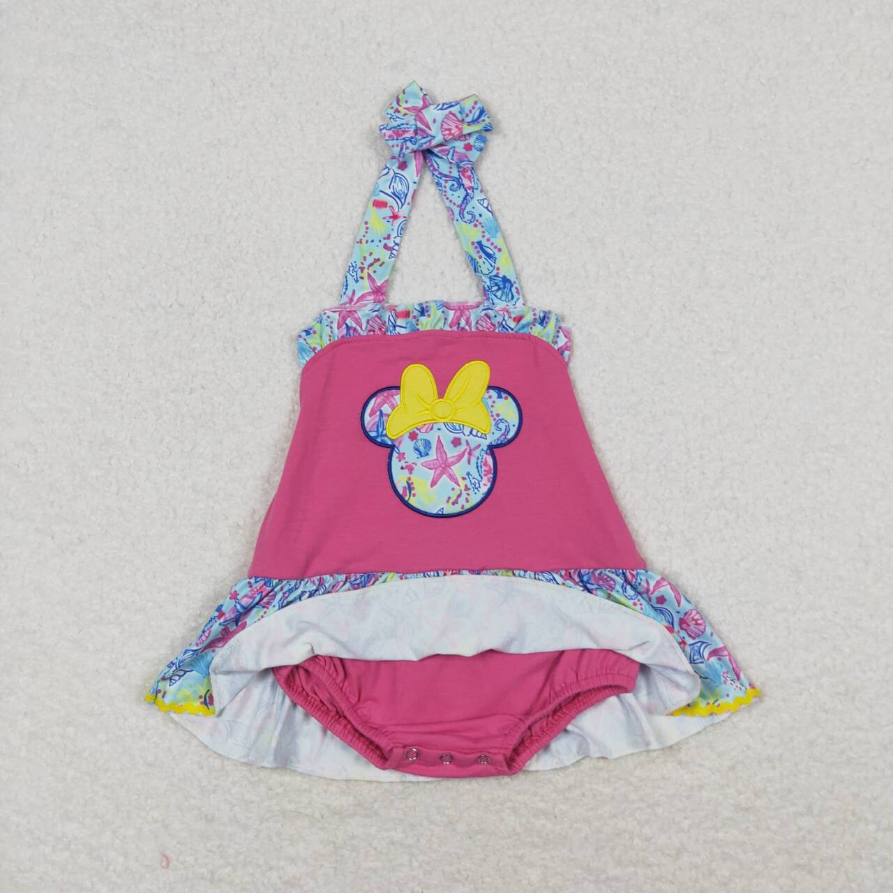 SR1346 Cartoon Mouse Embroidery Marine Organism Print Baby Girls Summer Romper