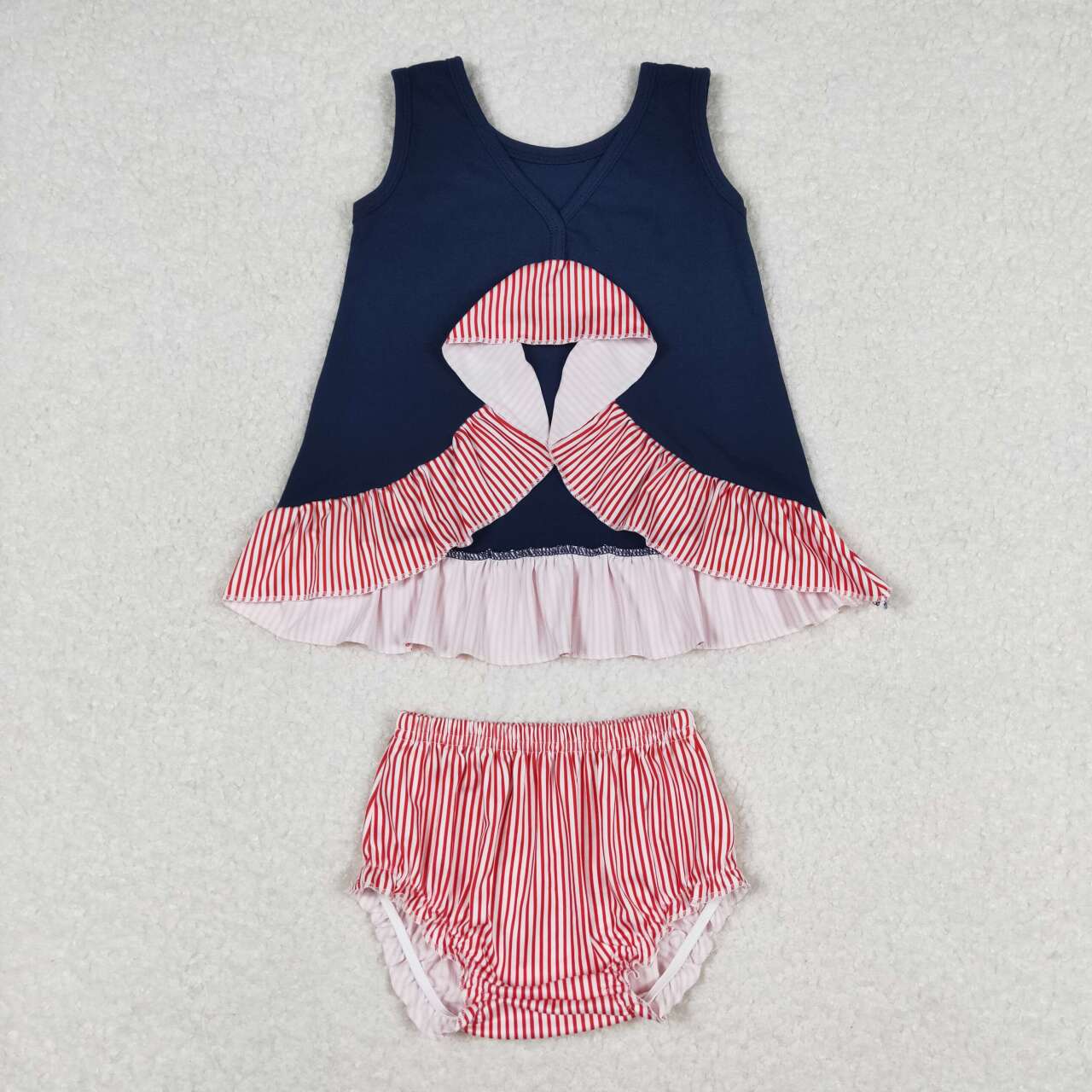 GBO0209 Baseball Embroidery Navy Top Red Stripes Shorts Baby Girls Bummie Set