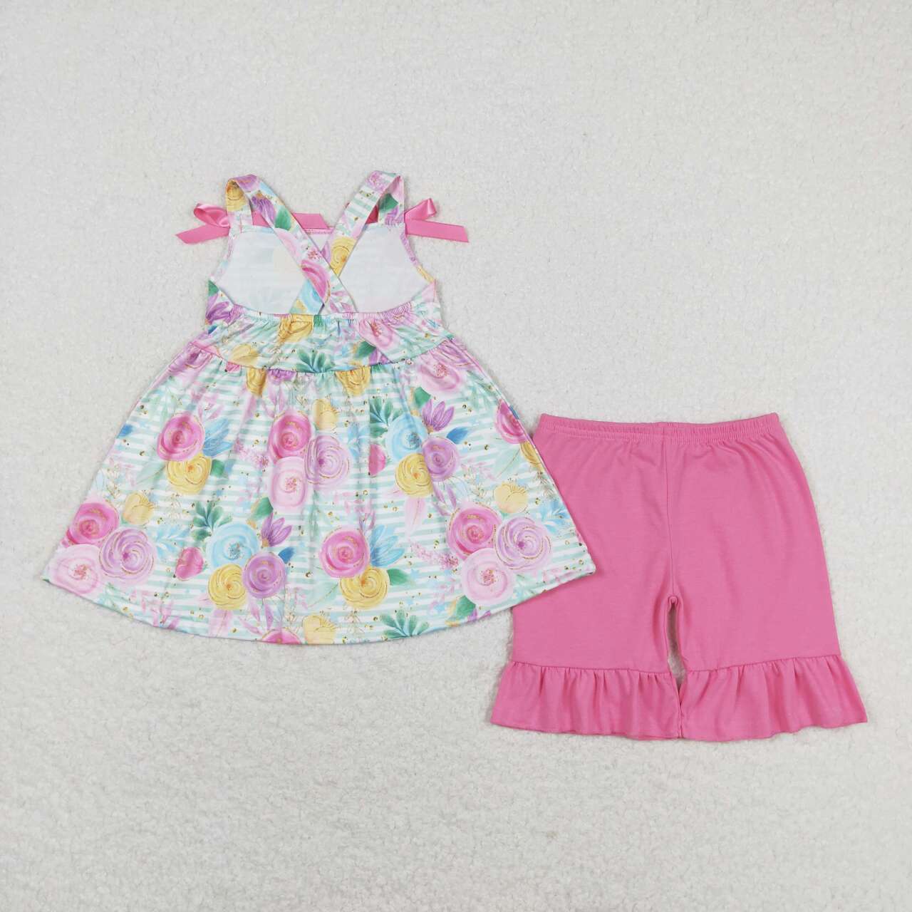 GSSO1007 Colorful Flowers Top Ruffle Shorts Girls Summer Clothes Set