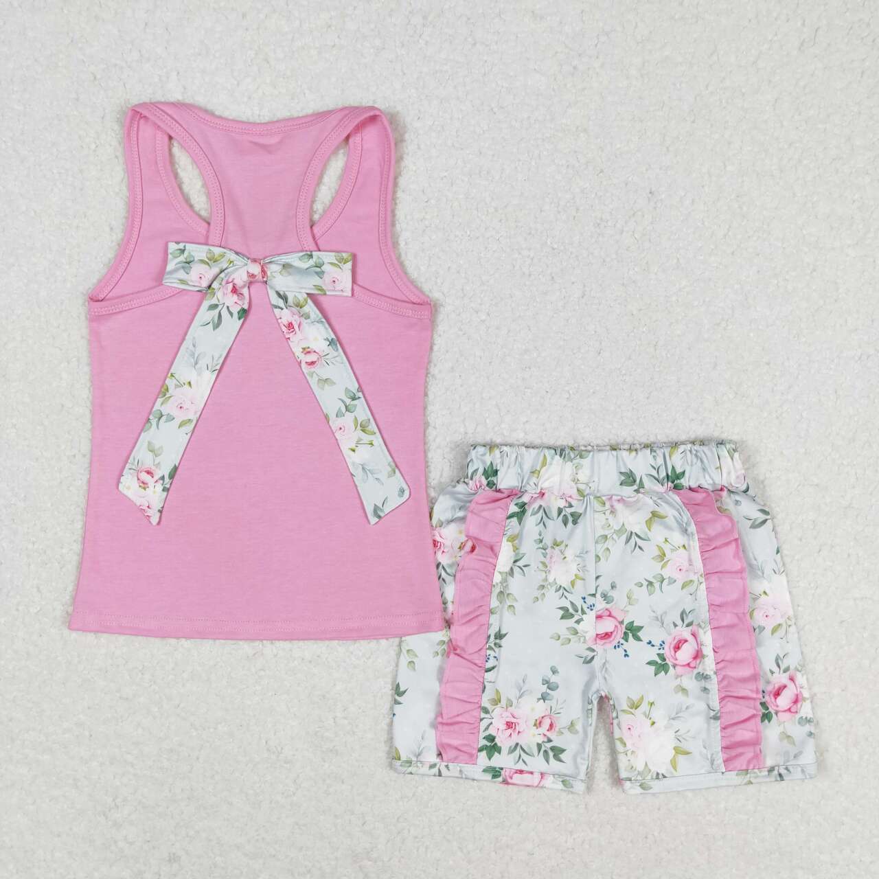 GSSO1059 Pink Tank Top Flowers Shorts Girls Summer Clothes Set