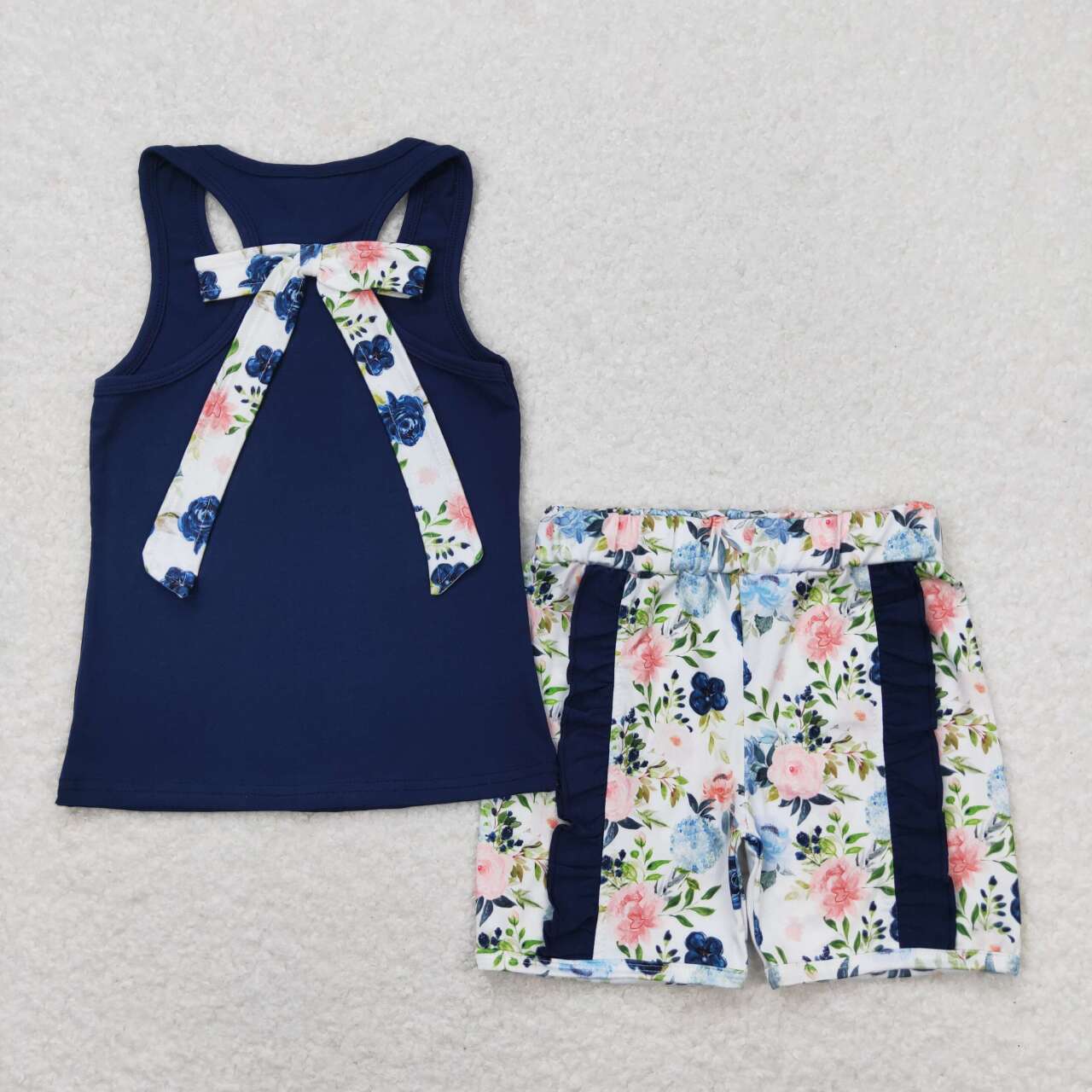 GSSO1062 Navy Tank Top Flowers Shorts Girls Summer Clothes Set