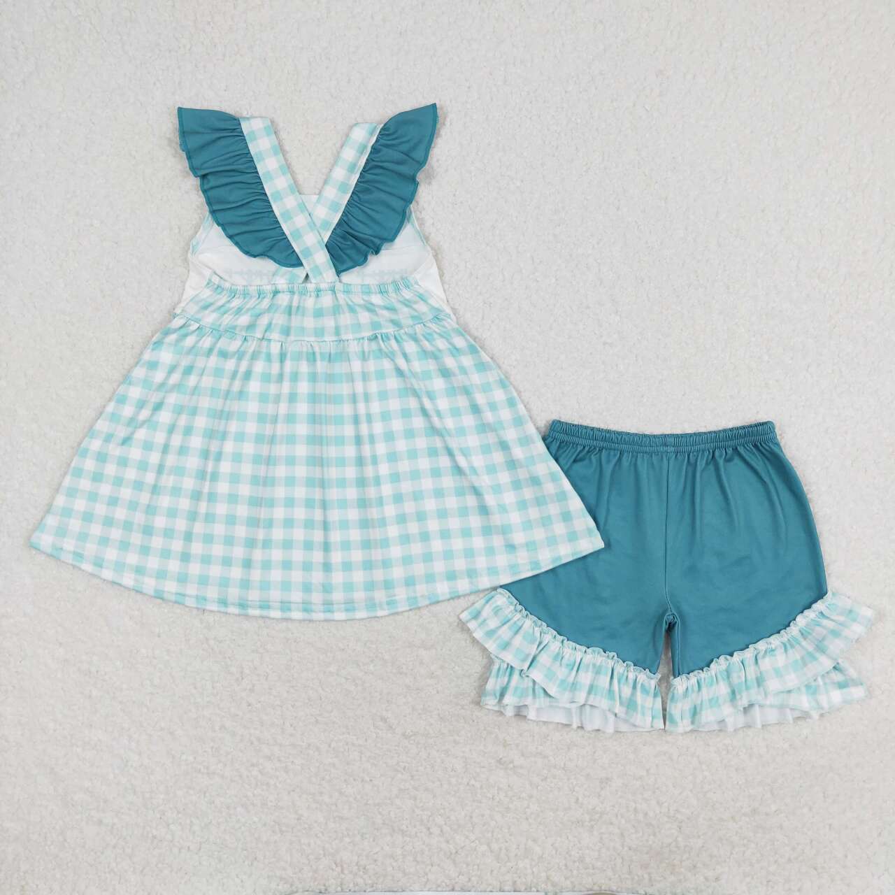 GSSO0847 Line Workers Tunic Top Plaid Shorts Girls Summer Clothes Set