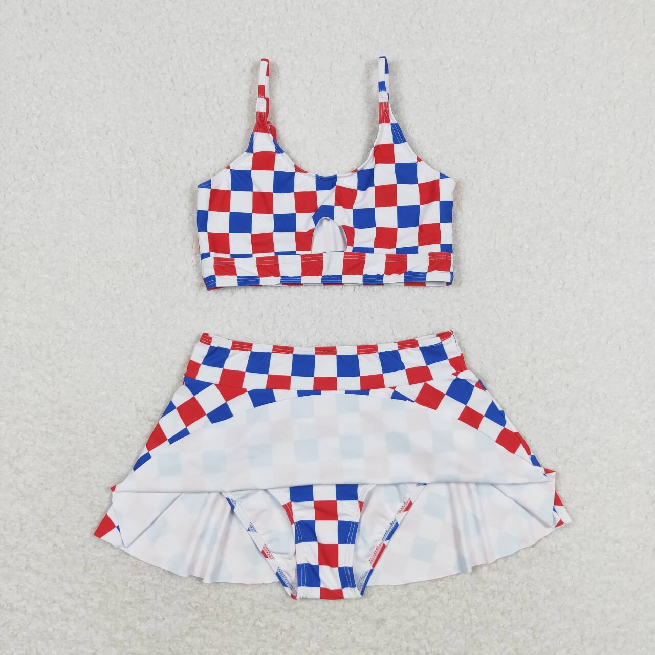 S0287 Blue Red Plaid Print Girls 2 Pieces 4th of July Swimsuits