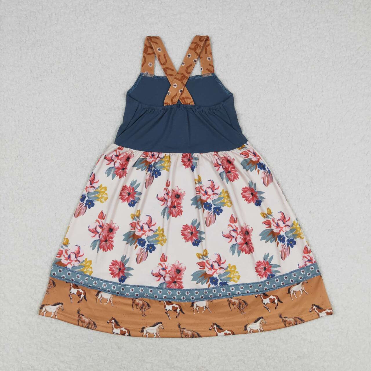 GSD1035 Brown Flowers Horse Print Girls Knee Length Summer Western Dress
