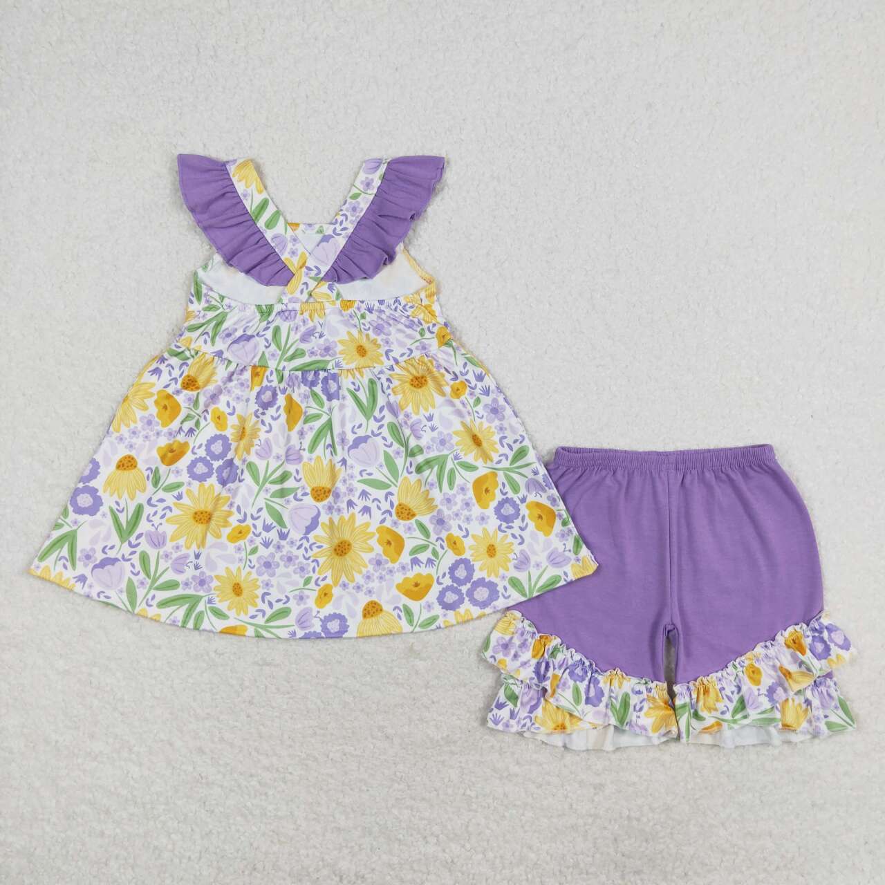 GSSO1177 Flowers Tunic Top Ruffle Shorts Girls Summer Clothes Set