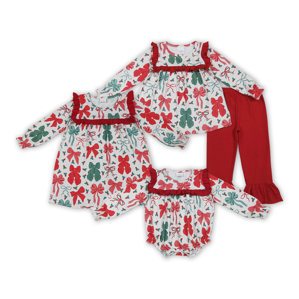 Red Green Bows Holly Print Girls Christmas Clothes Sisters Matching Wear