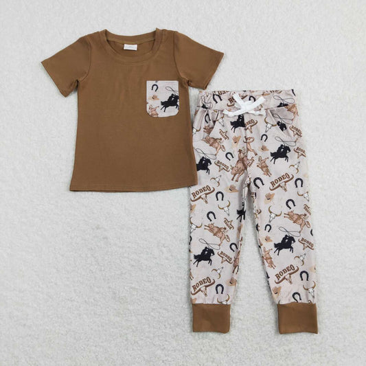 BSPO0198 Brown Pocket Top Rodeo Pants Boys Western Clothes Set
