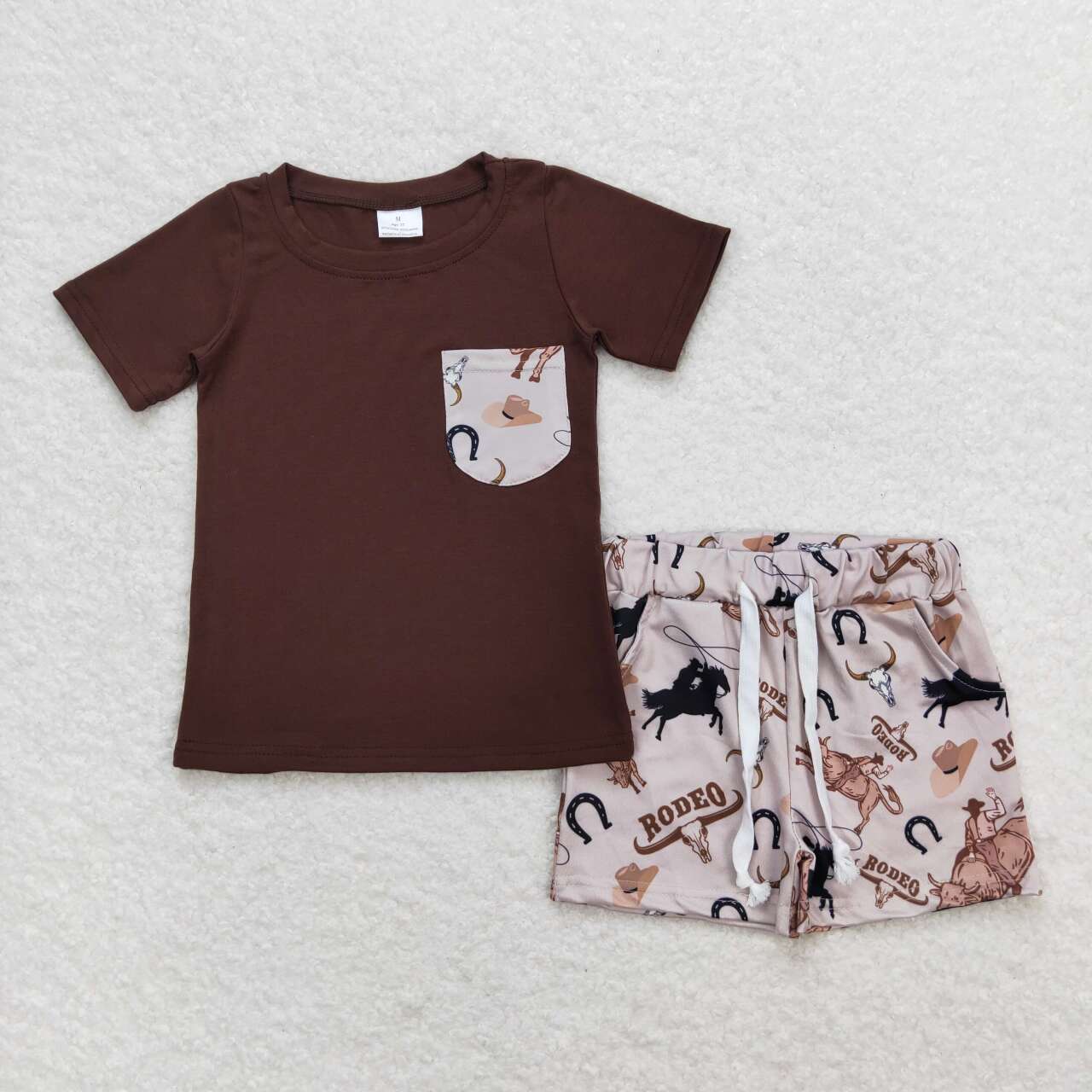 BSSO0757 Brown Pocket Top Rodeo Shorts Boys Western Summer Clothes Set