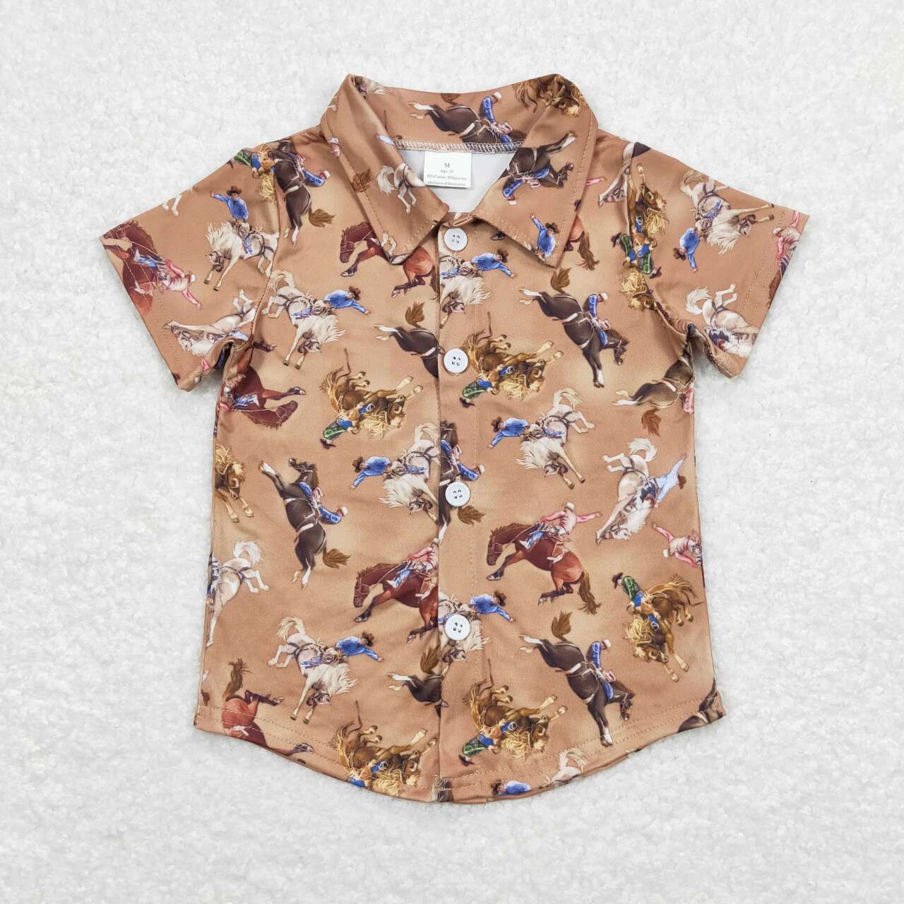 BT0525 Brown Cowboy Print Rodeo Boys Buttons Tee Shirts Top