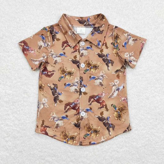 BT0525 Brown Cowboy Print Rodeo Boys Buttons Tee Shirts Top
