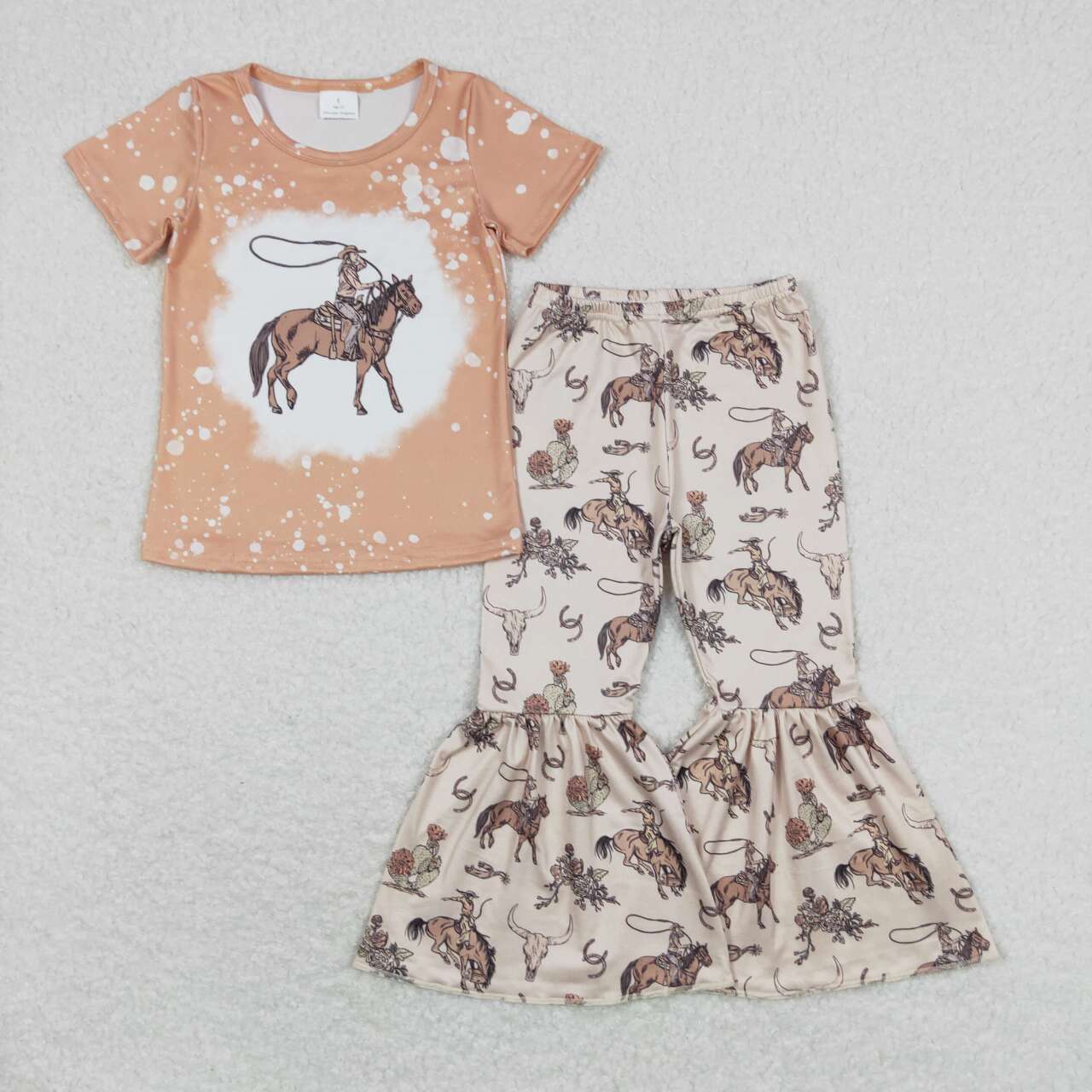 5 Colors Rodeo Western Print Bell Pants Girls Clothes Set