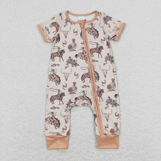 SR1220 Rodeo Print Baby Girls Summer Zipper Romper