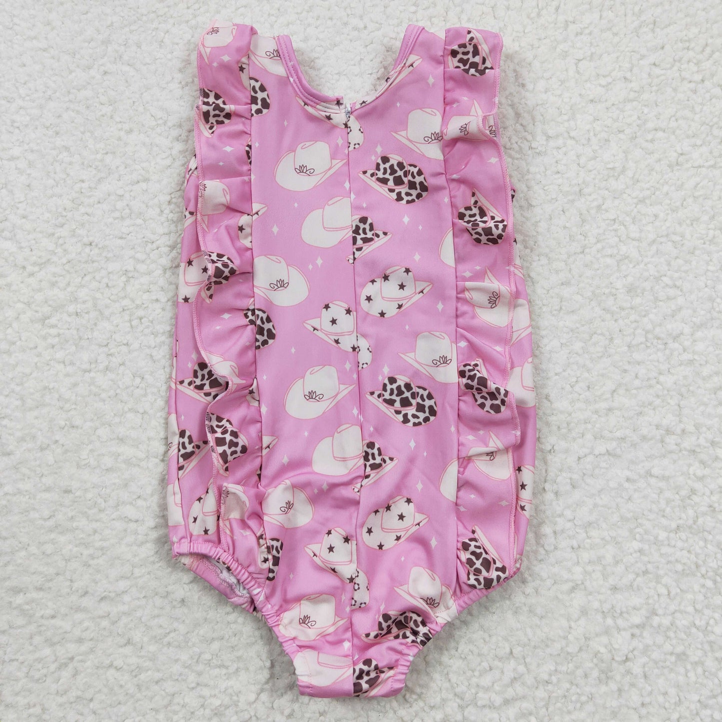 S0100 Girls pink hat print western 1 piece zipper swimsuits