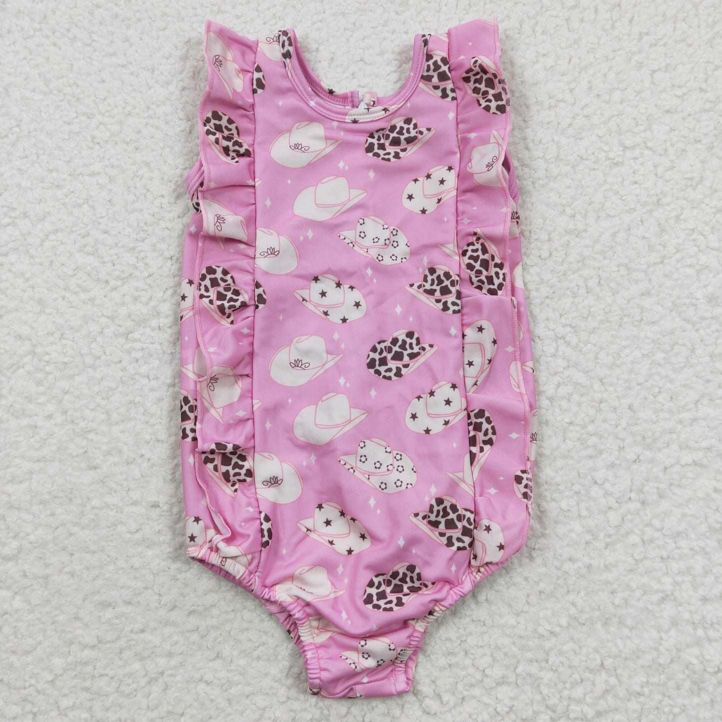 S0100 Girls pink hat print western 1 piece zipper swimsuits