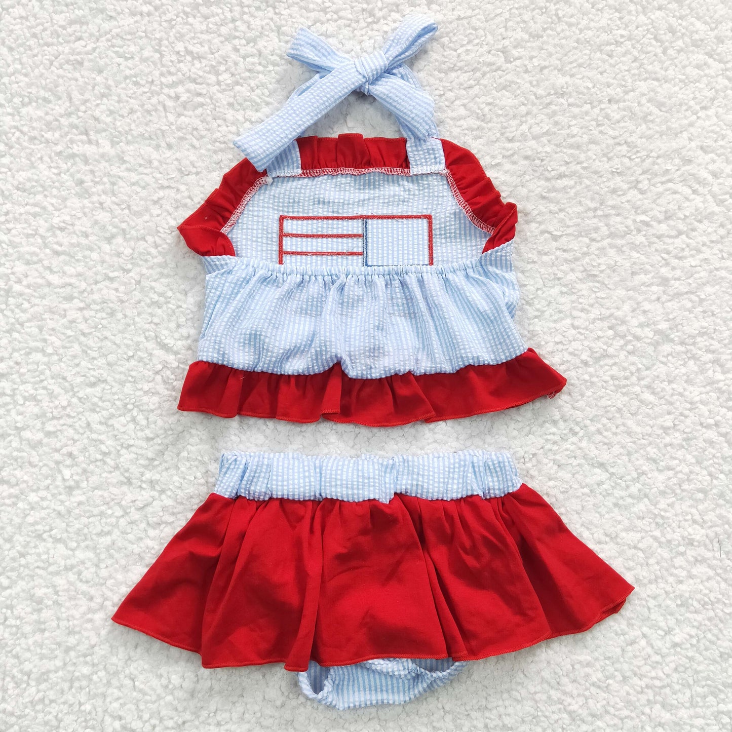 S0134 Girls flag embroidery 2 pieces 4th of July seersucker swimsuits