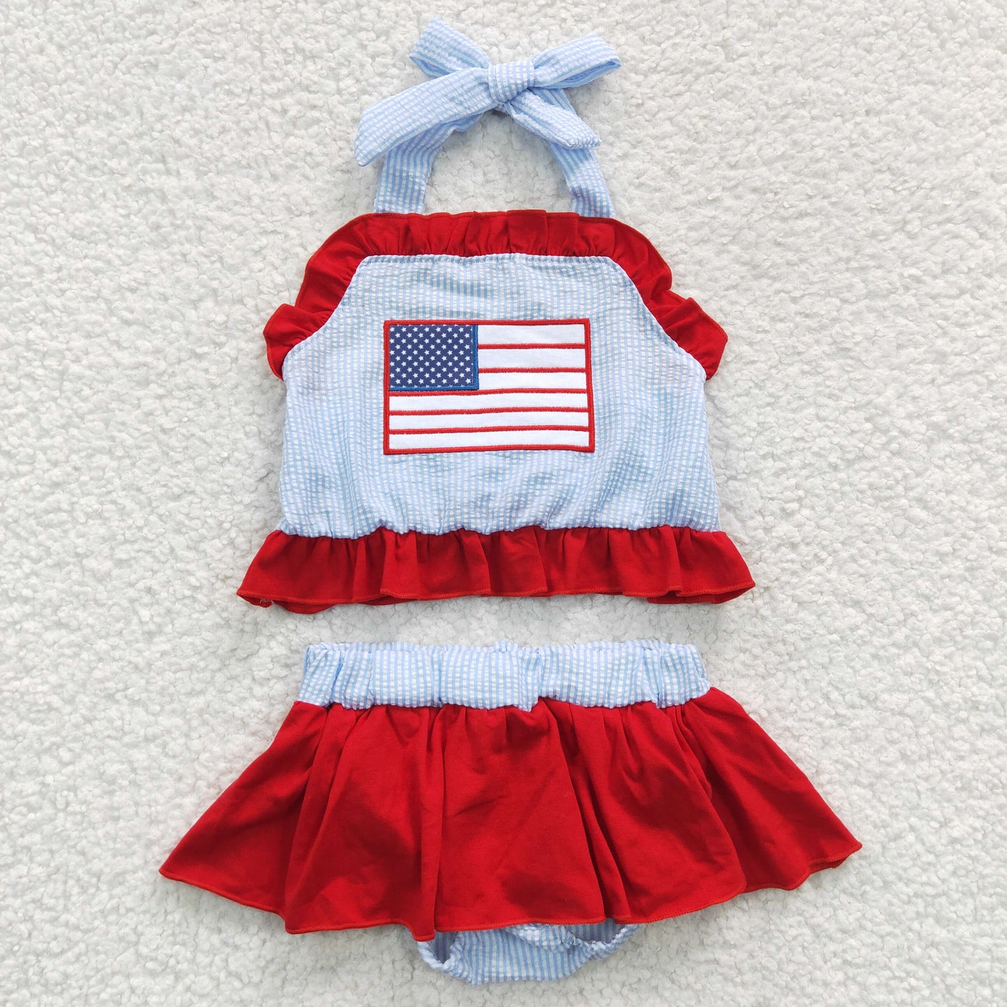 S0134 Girls flag embroidery 2 pieces 4th of July seersucker swimsuits