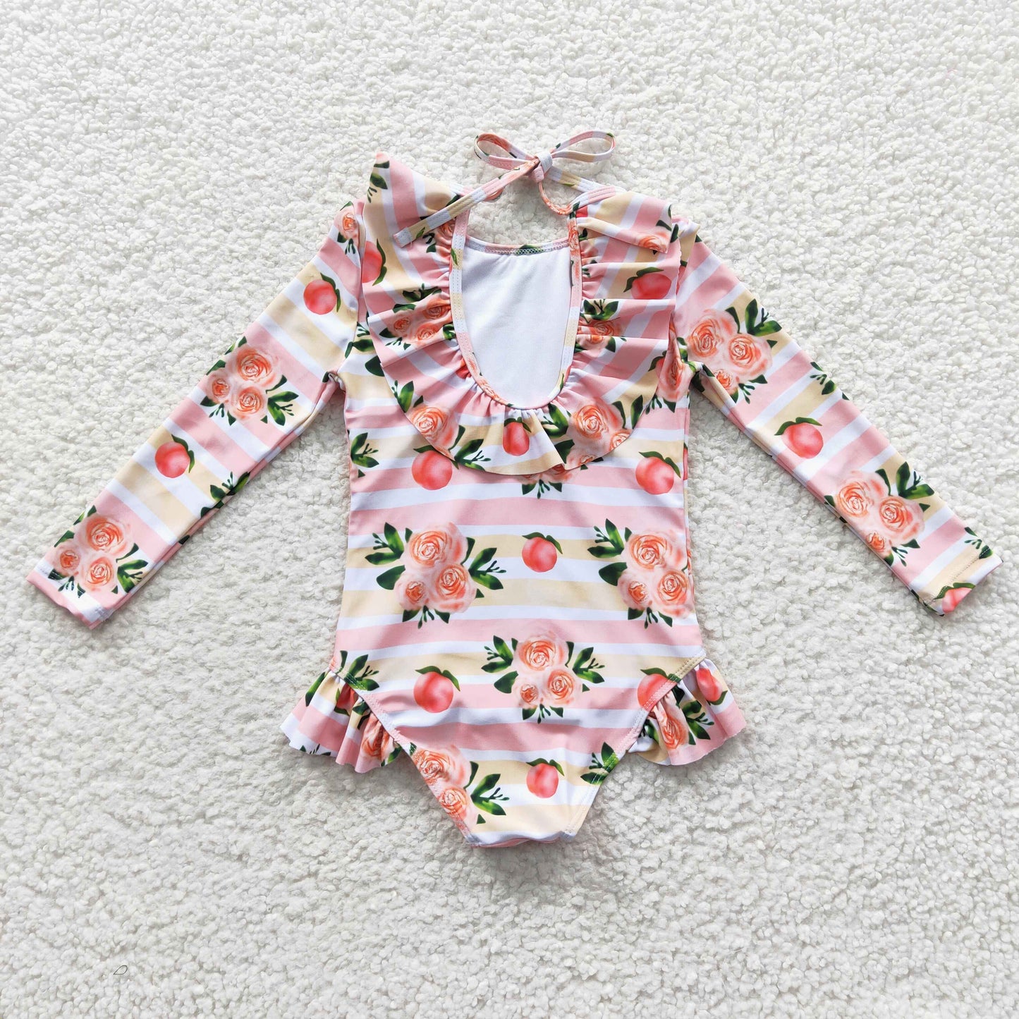 S0139 Girls long sleeve peach and flowers print 1 pieces swimsuits