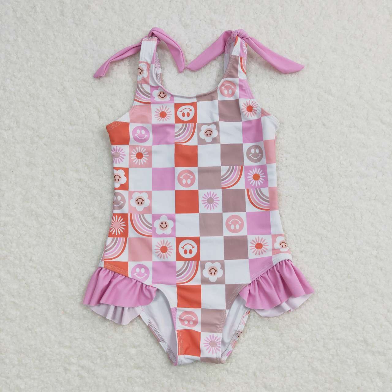 S0150 Girls Pink Smiling Rainbow Plaid Print 1 Piece Swimsuits