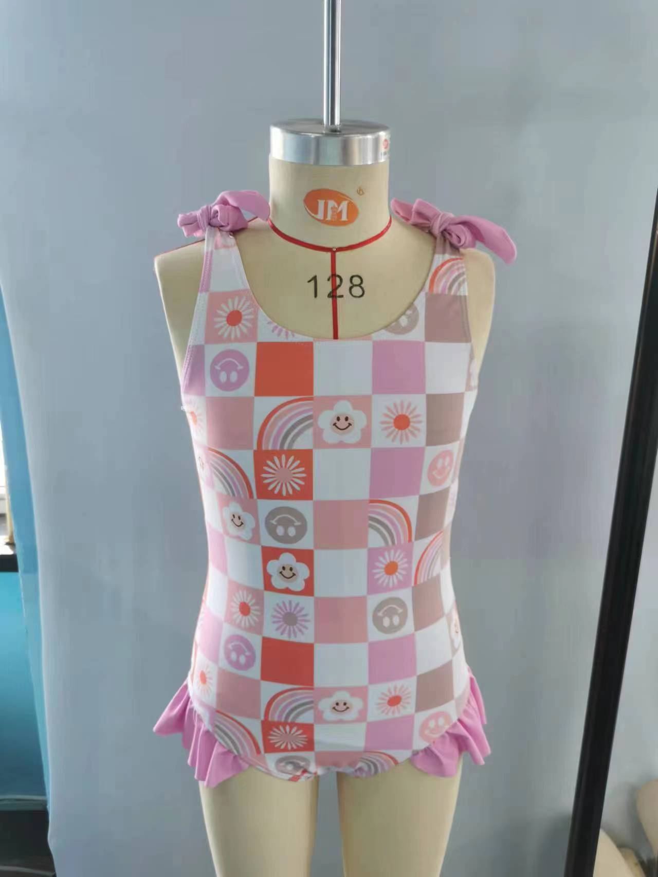 S0150 Girls Pink Smiling Rainbow Plaid Print 1 Piece Swimsuits