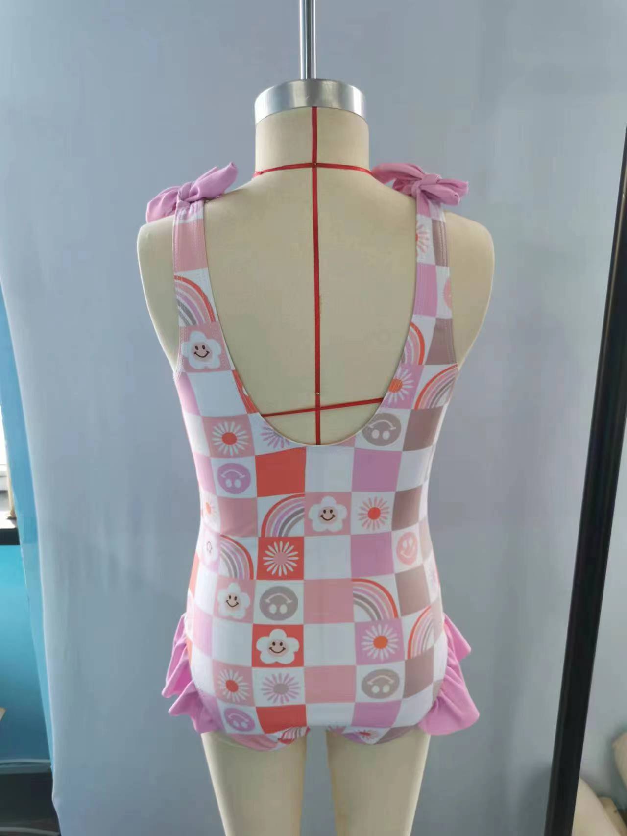 S0150 Girls Pink Smiling Rainbow Plaid Print 1 Piece Swimsuits