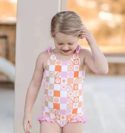 S0150 Girls Pink Smiling Rainbow Plaid Print 1 Piece Swimsuits