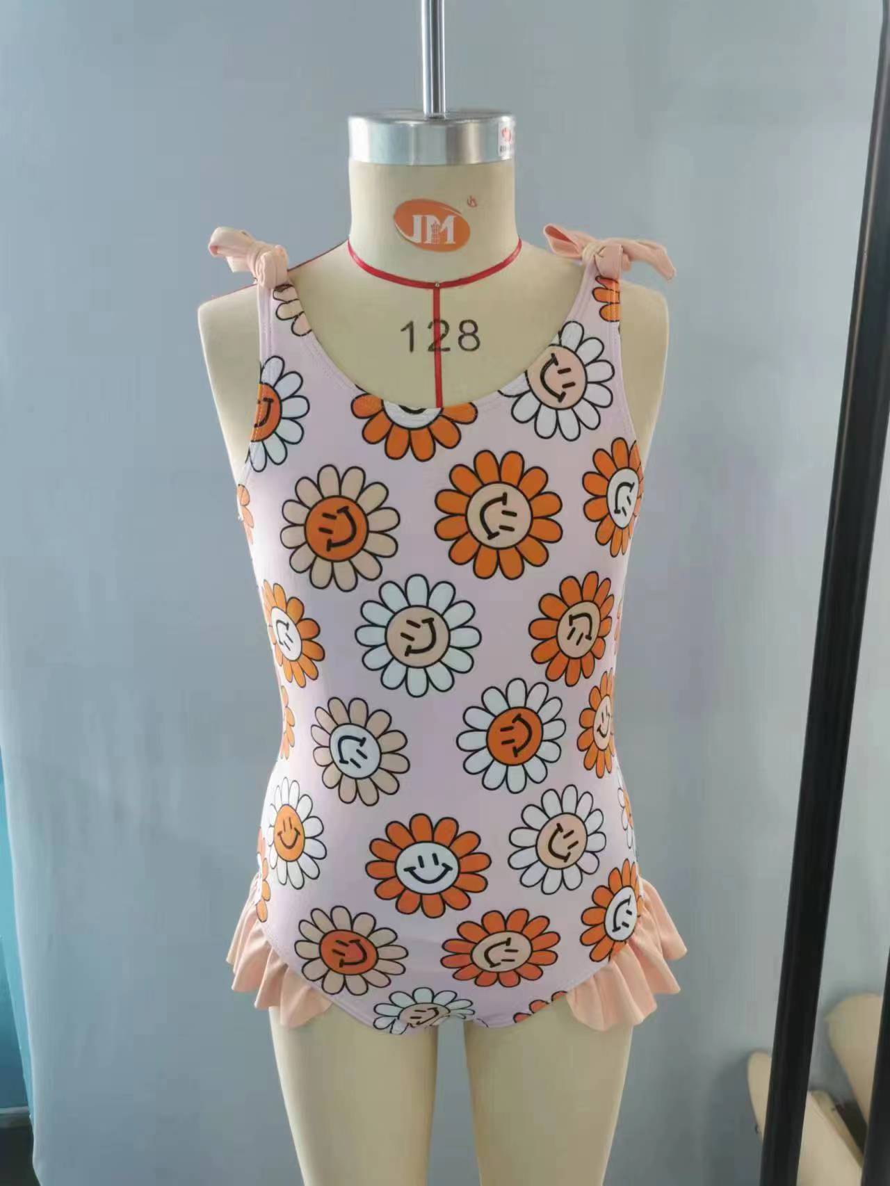 S0151 Girls pink flowers smiling print 1 piece swimsuits