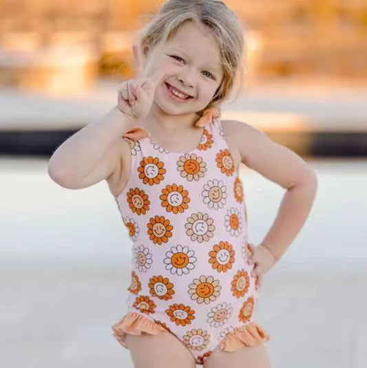 S0151 Girls pink flowers smiling print 1 piece swimsuits