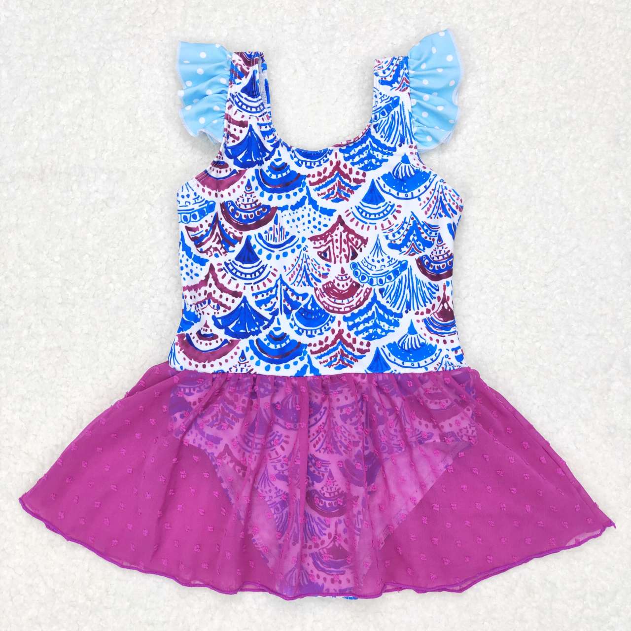 S0154 Girls Mermaid Scale Print 1 Piece Purple Tulle Swimsuits