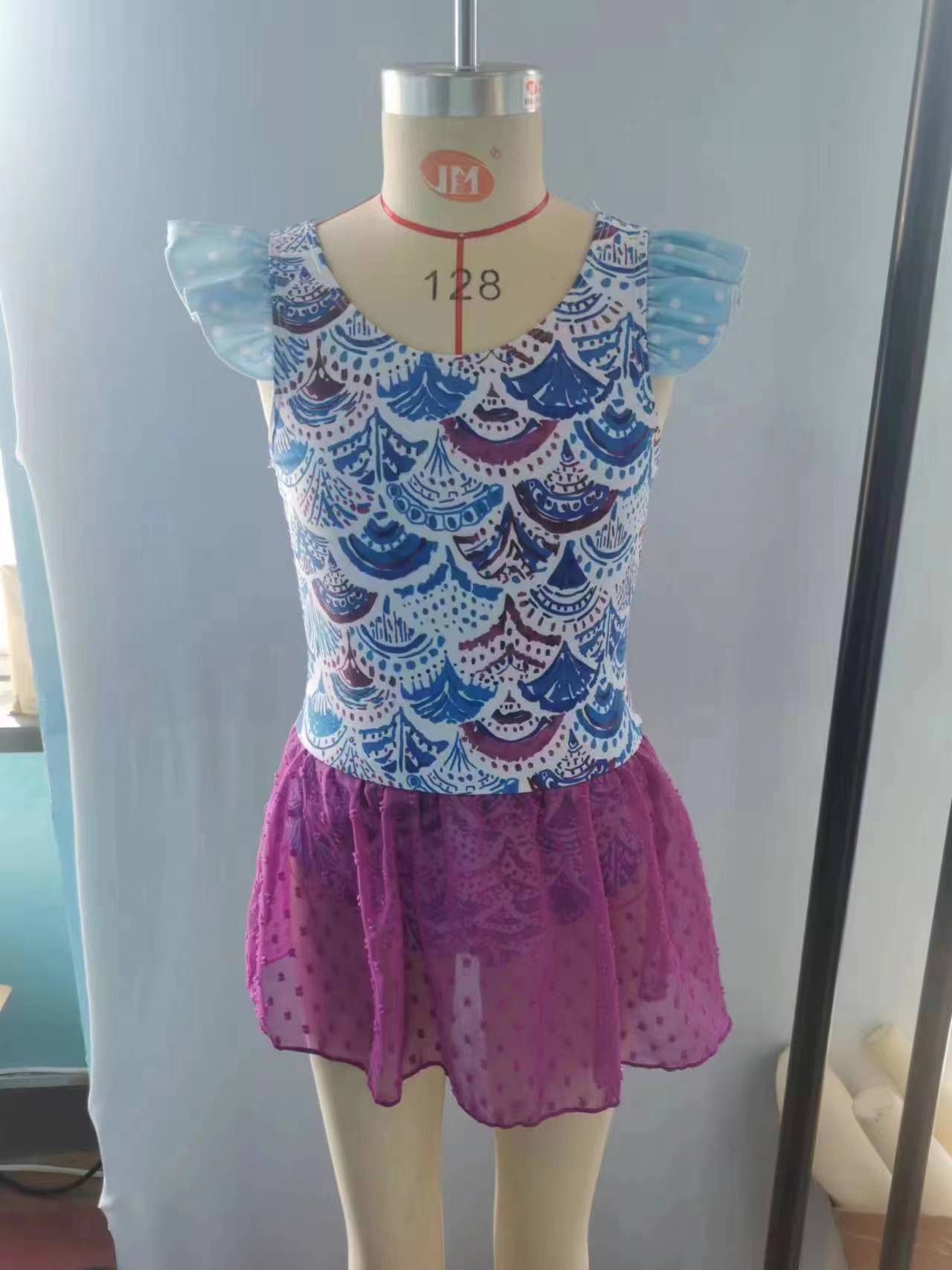 S0154 Girls Mermaid Scale Print 1 Piece Purple Tulle Swimsuits