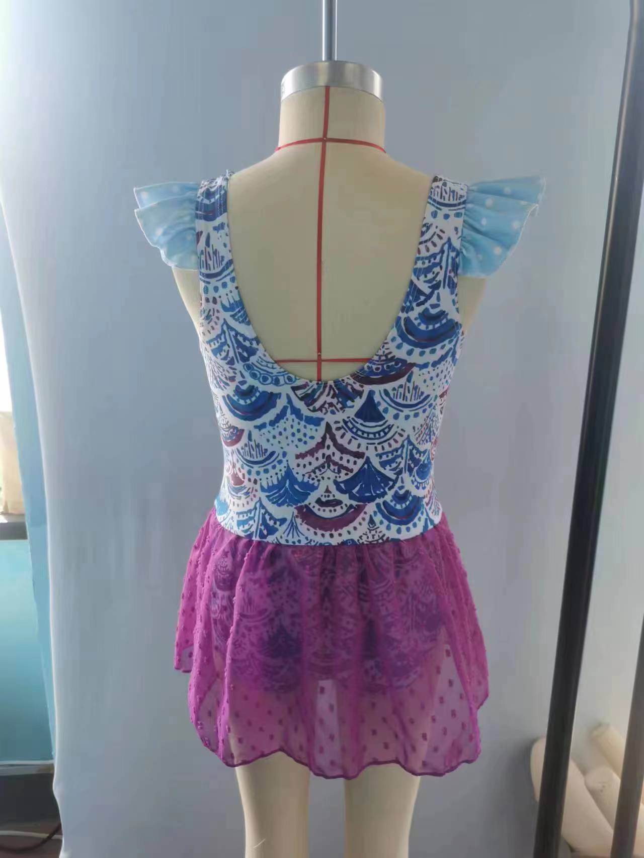 S0154 Girls Mermaid Scale Print 1 Piece Purple Tulle Swimsuits