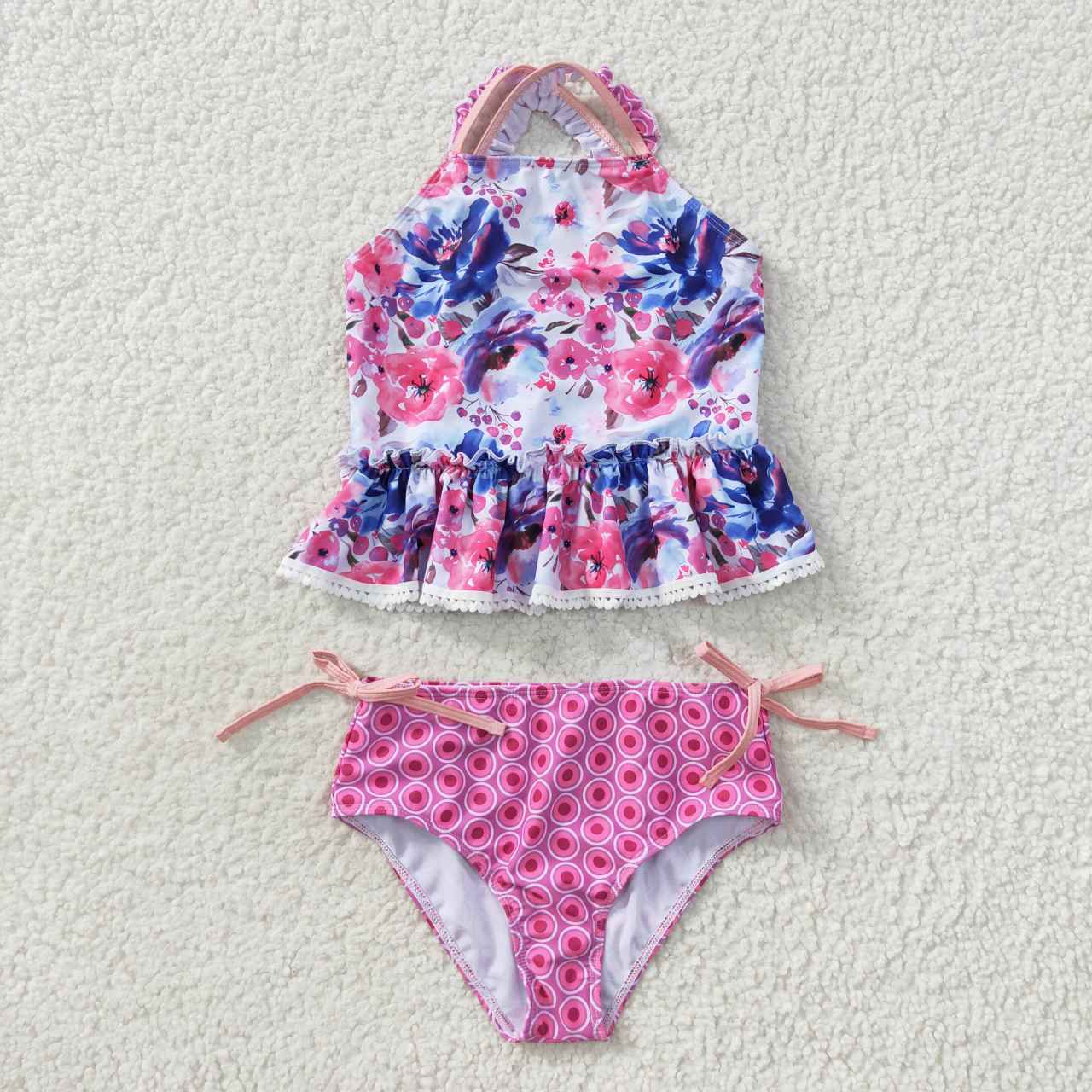 S0156 Girls purple flowers print 2 pieces swimsuits