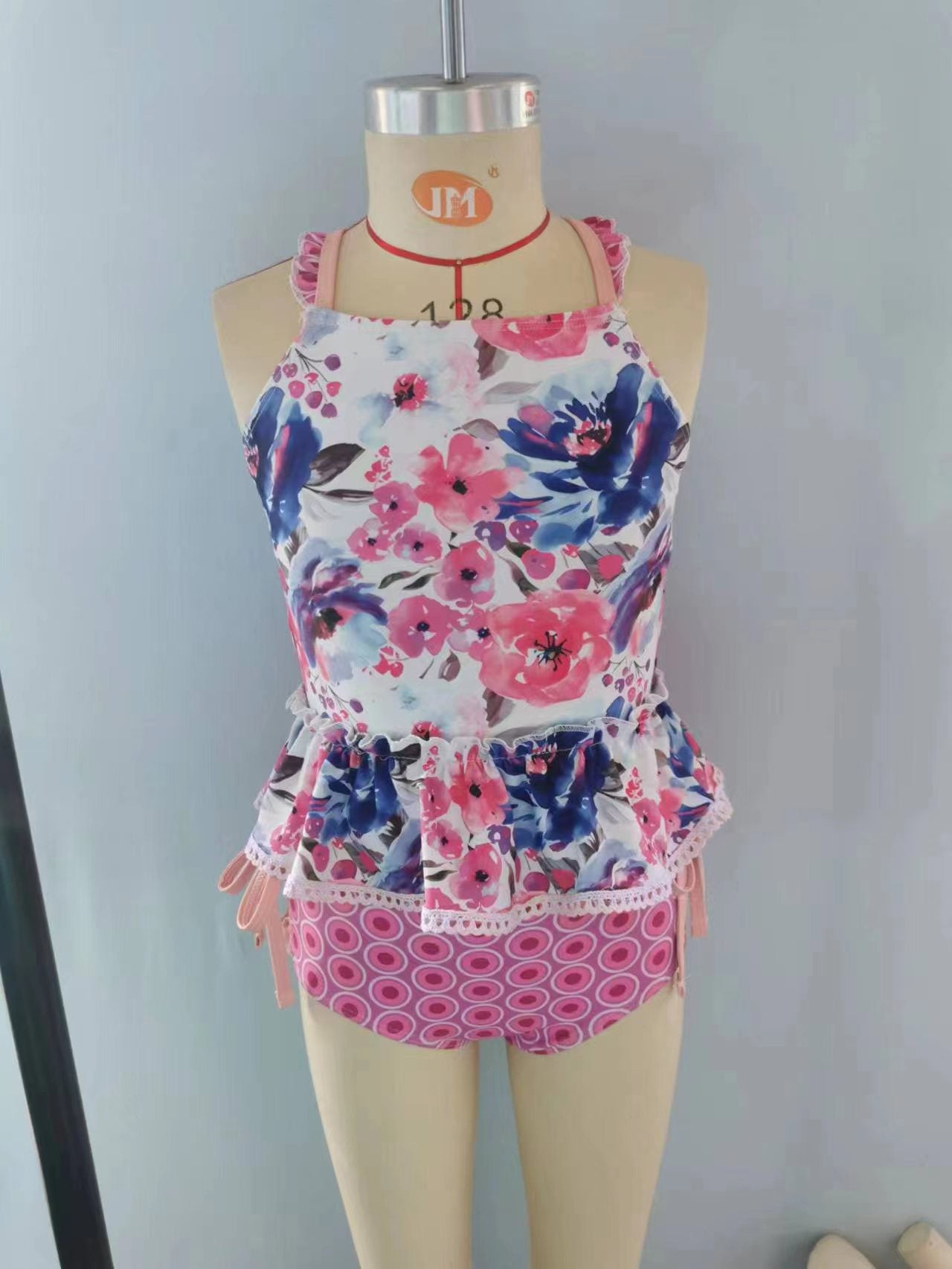 S0156 Girls purple flowers print 2 pieces swimsuits