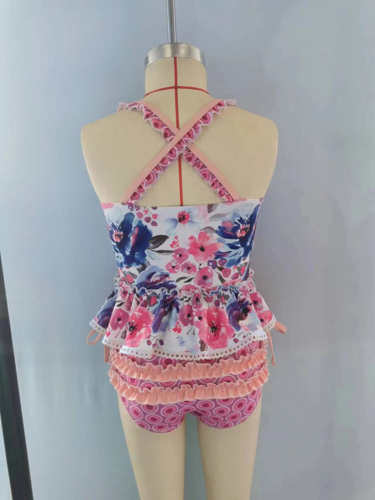 S0156 Girls purple flowers print 2 pieces swimsuits