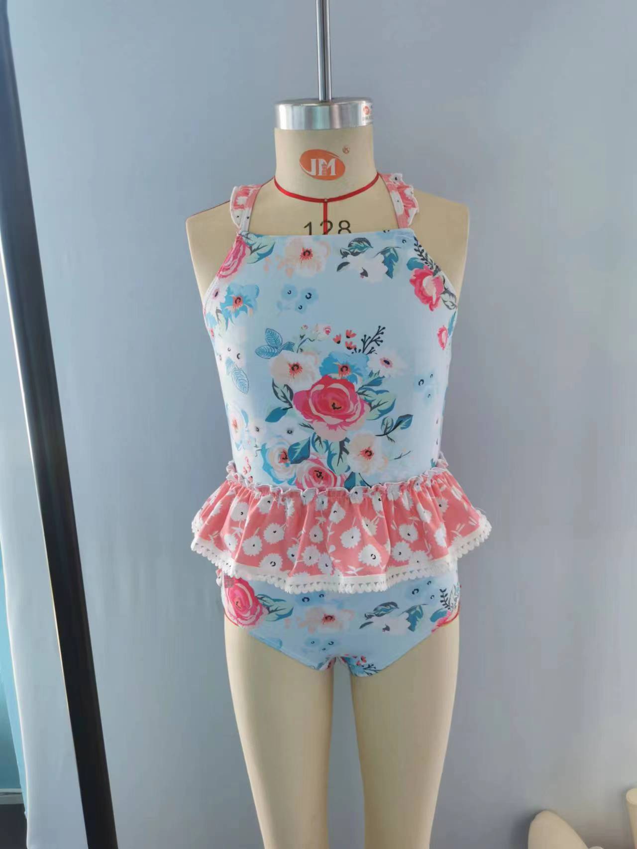 S0159 Girls Summer Flowers Print 2 Pieces Swimsuits