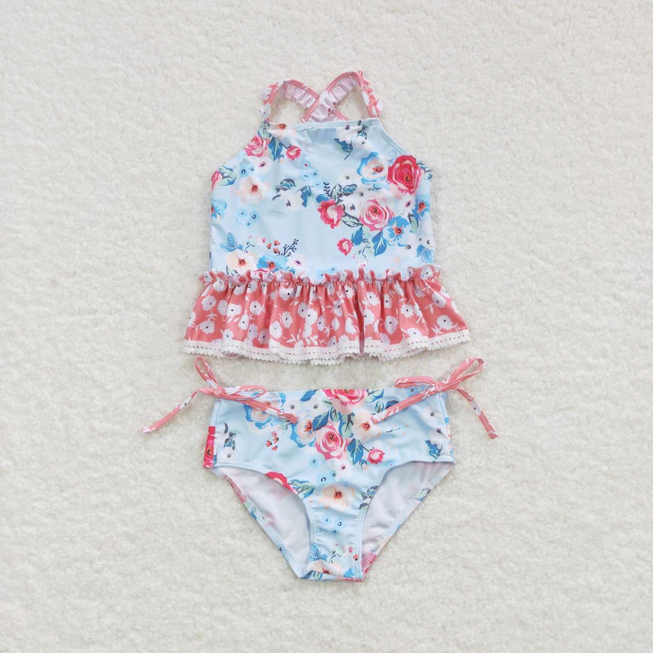 S0159 Girls Summer Flowers Print 2 Pieces Swimsuits