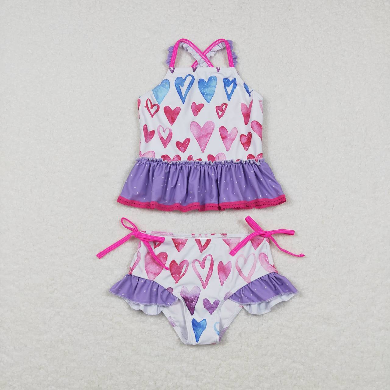 S0163 Girls Purple Heart Print Ruffles 2 Pieces Swimsuits