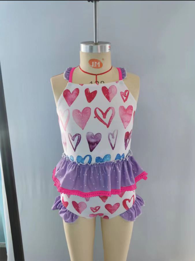 S0163 Girls Purple Heart Print Ruffles 2 Pieces Swimsuits