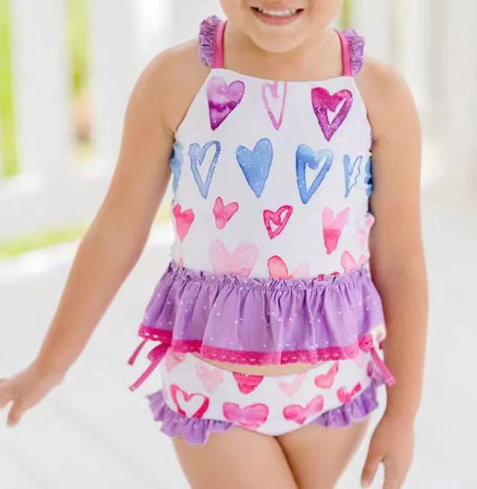 S0163 Girls Purple Heart Print Ruffles 2 Pieces Swimsuits